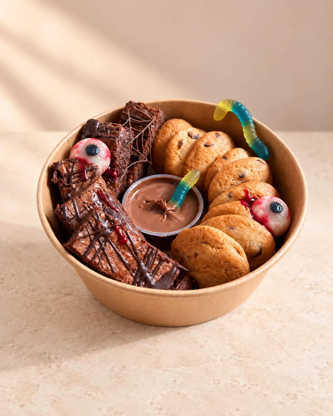 Dip Box de Halloween de Martcookies con mini cookies, brownie, chuches, chocolates y dip de Nutella